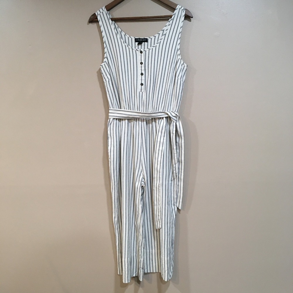 Tribal Femme Cropped Jumpsuit Womens S Black Cream Stripe Coastal Classic Button